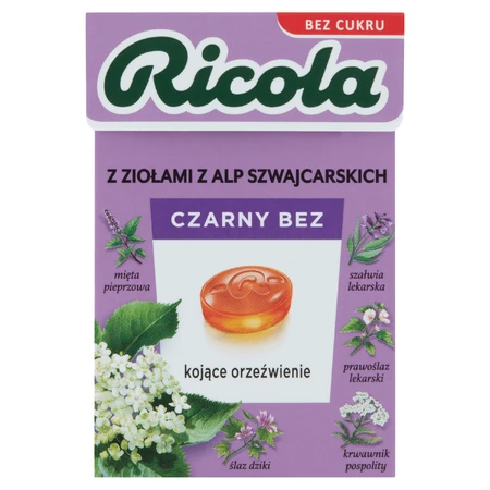 Ricola Black Elder, caramelos de hierbas suizos, sin azúcar, 27,5 g