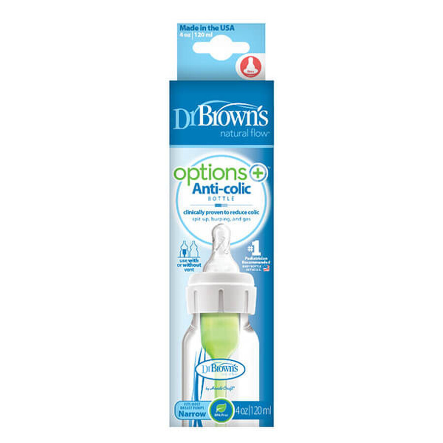 Dr Brown&#39;s, biberón anticólicos opciones estándar + cuello estrecho, con 0m + tetina, 120 ml