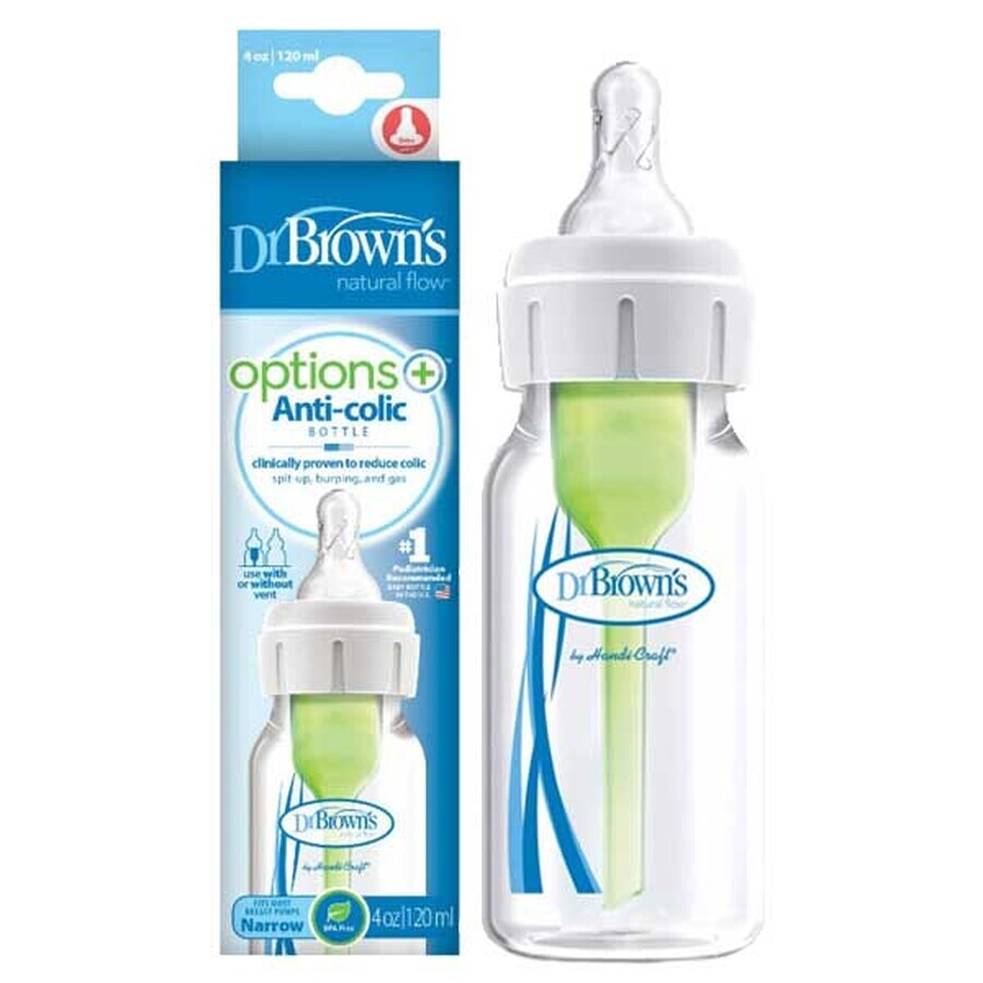 Dr Brown&#39;s, biberón anticólicos opciones estándar + cuello estrecho, con 0m + tetina, 120 ml