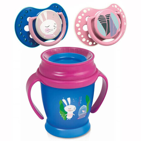 Lovi Mini set, vaso 360° con asas, Follow the Rabbit, azul marino y rosa, a partir de 9 meses, 210 ml + chupete de 0-3 meses, 2 piezas