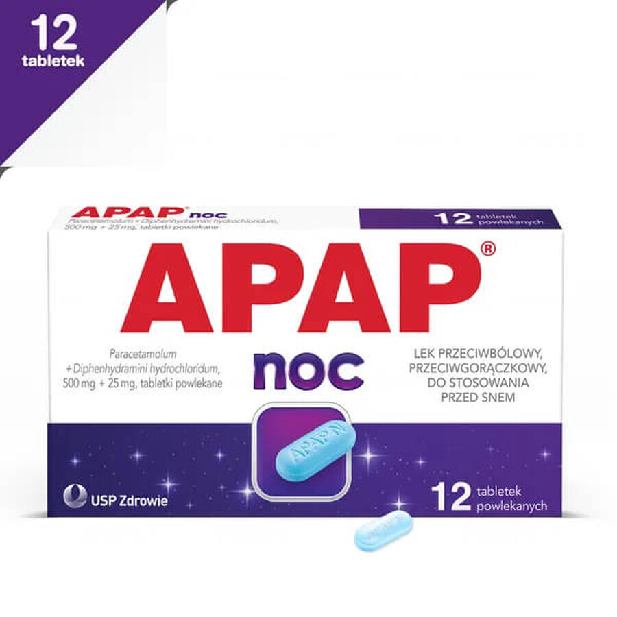 Apap Night 500 mg + 25 mg, 12 film-coated tablets