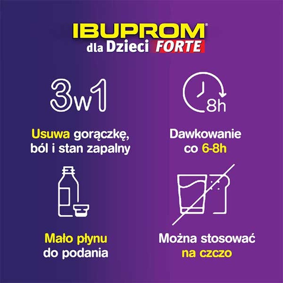 Ibuprom pour enfants Forte 200 mg/ 5 ml, suspension orale, à partir de 3 mois, goût fraise, 150 ml