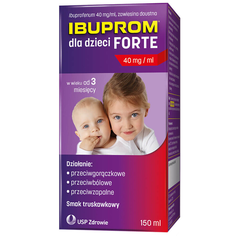 Ibuprom pour enfants Forte 200 mg/ 5 ml, suspension orale, à partir de 3 mois, goût fraise, 150 ml