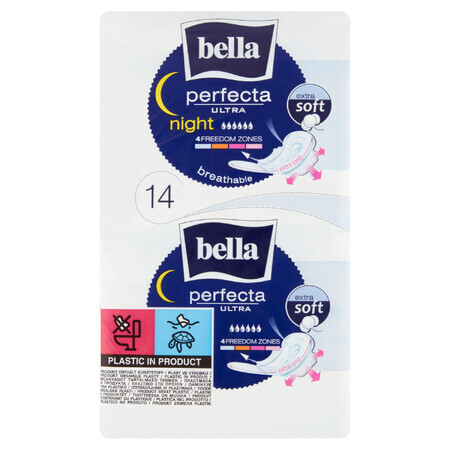 Bella Perfecta Ultra, Toallas sanitarias Extra Suaves con alas, extralargas, Noche, 14 piezas