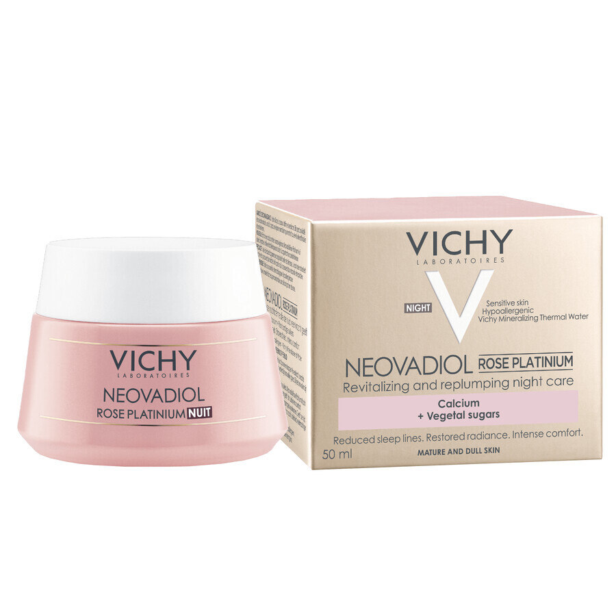 Vichy Neovadiol Rose Platinium, crème de nuit revitalisante et raffermissante à la rose pour les peaux matures, 50 ml