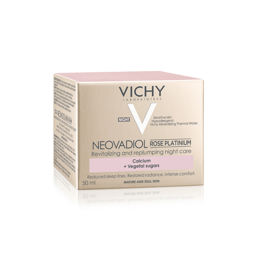 Vichy Neovadiol Rose Platinium, crème de nuit revitalisante et raffermissante à la rose pour les peaux matures, 50 ml