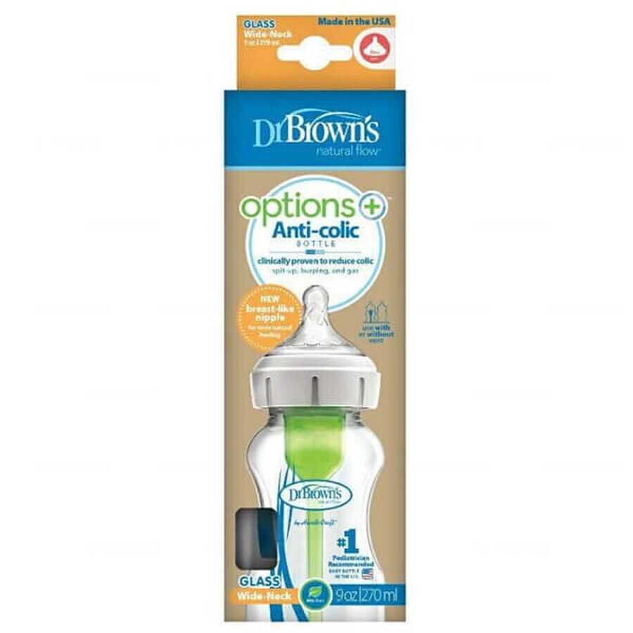 Dr Brown&#39;s Options+, biberón anticólicos, vidrio, cuello ancho, con tetina, nivel 1, 0-3 meses, 270 ml