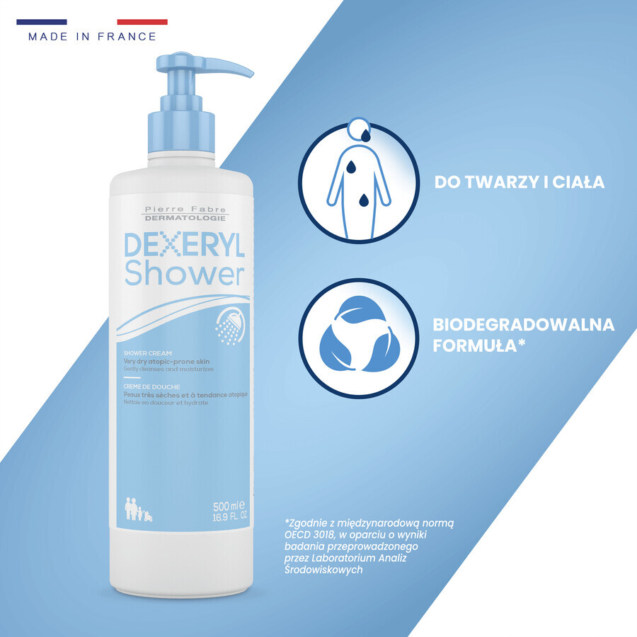 Dexeryl, Ducha, crema limpiadora para bebés, niños y adultos, piel muy seca y atópica, 500 ml