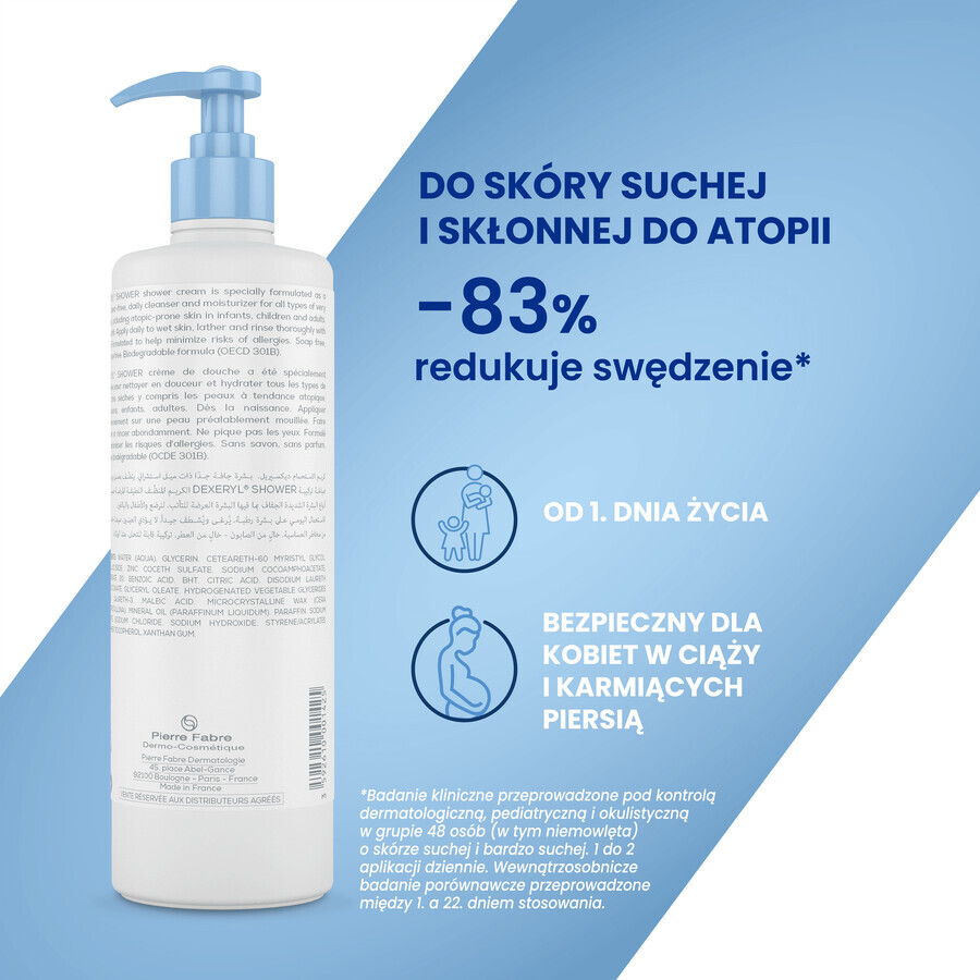 Dexeryl, Ducha, crema limpiadora para bebés, niños y adultos, piel muy seca y atópica, 500 ml