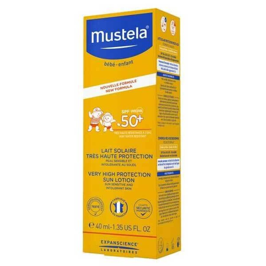 Mustela set, Pequeño atópico de vacaciones 2, leche solar SPF 50 +, 40 ml + Stelatopia, loción emoliente, 40 ml