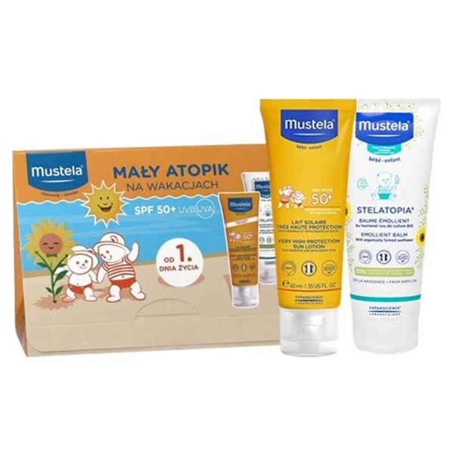 Mustela set, Pequeño atópico de vacaciones 2, leche solar SPF 50 +, 40 ml + Stelatopia, loción emoliente, 40 ml