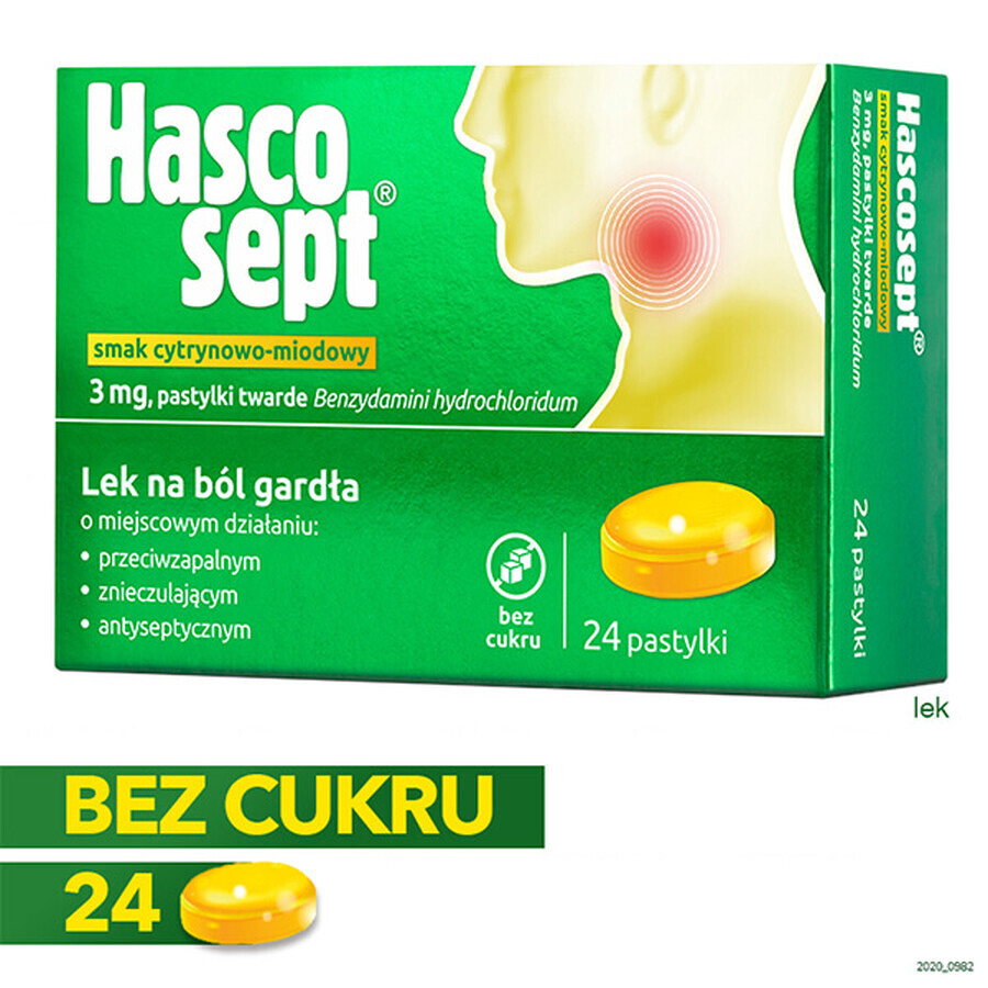 Hascosept 3 mg, sabor limón y miel, 24 pastillas duras