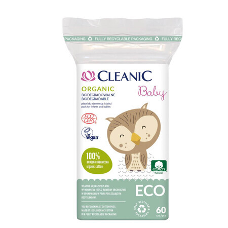 Cleanic Eco Baby Organic, almohadillas de algodón para bebés y niños, 60 unidades