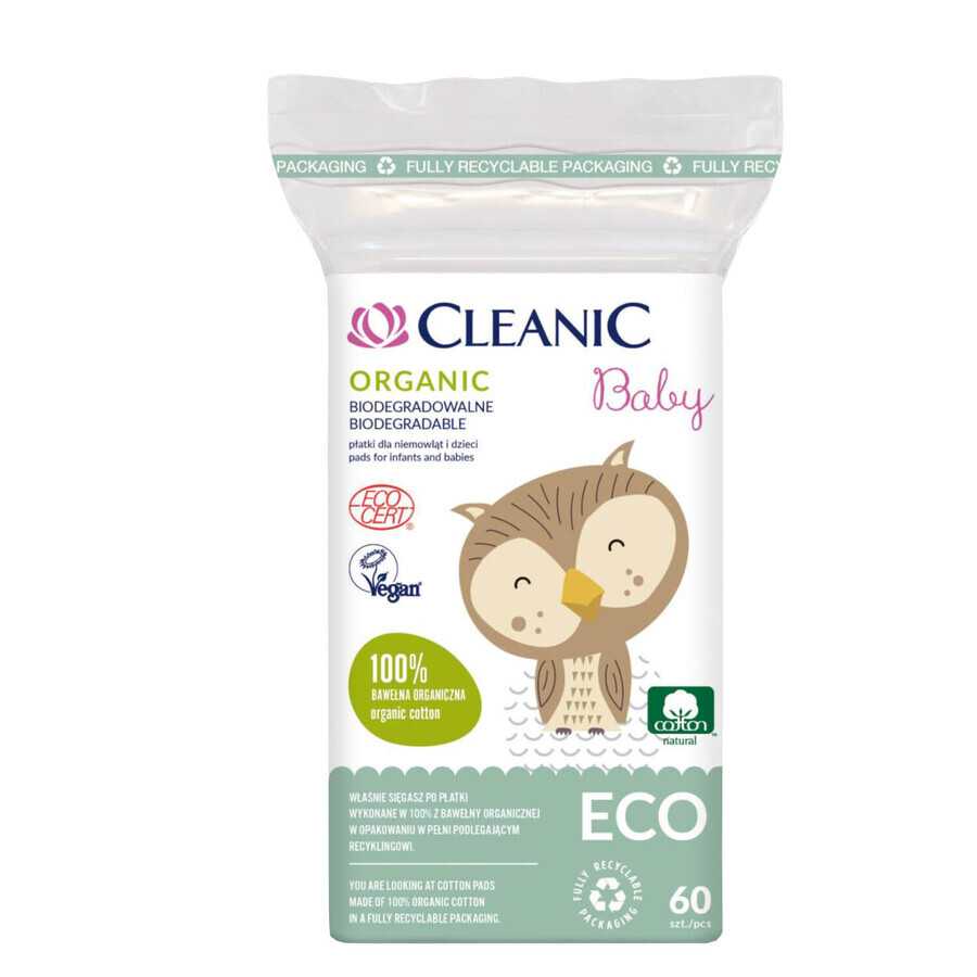 Cleanic Eco Baby Organic, almohadillas de algodón para bebés y niños, 60 unidades