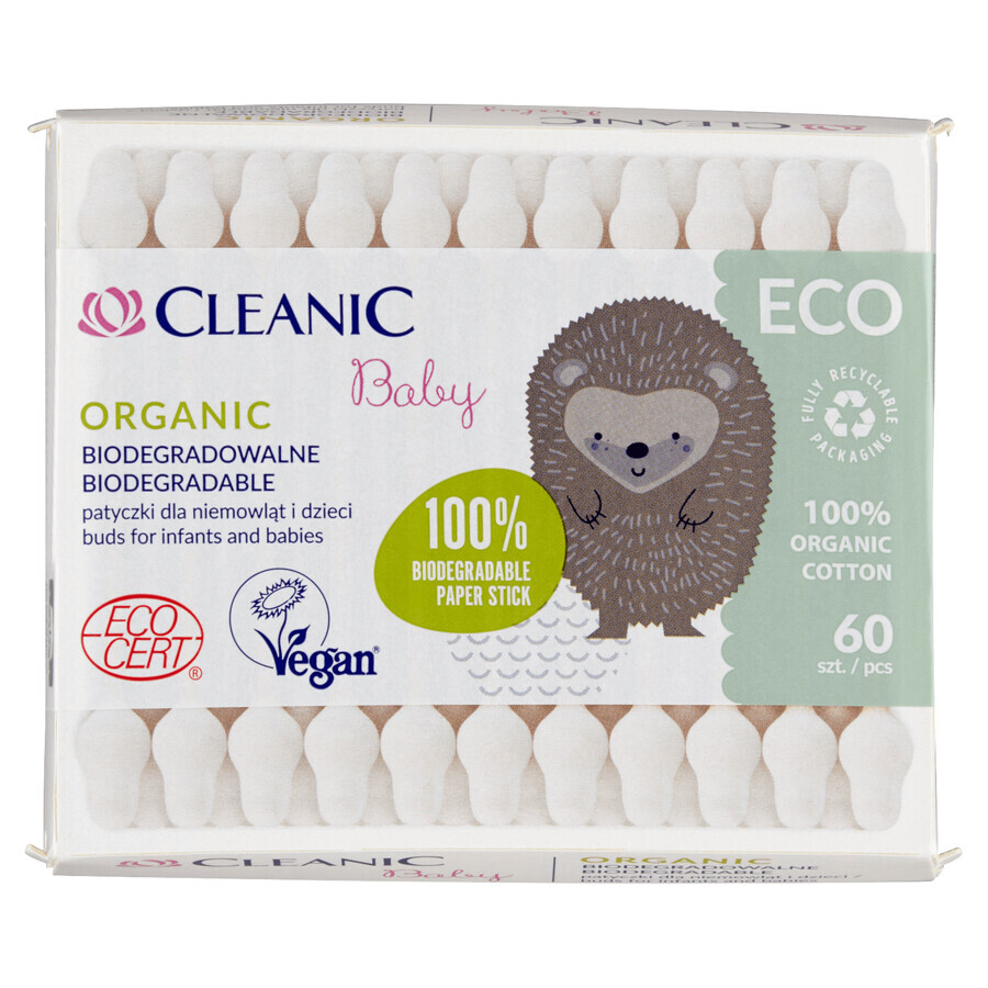 Cleanic Eco Baby Organic, bastoncillos de algodón para bebés y niños, 60 unidades