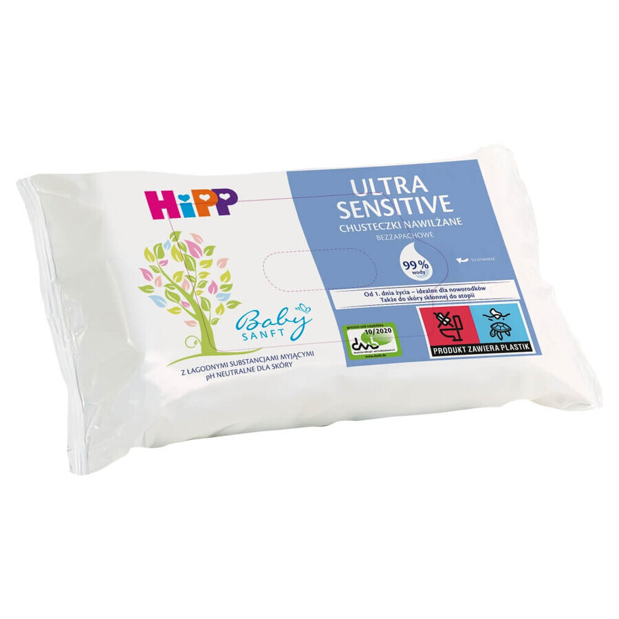 HiPP BabySanft Ultra Sensitiv, toallitas húmedas, desde el primer día de vida, 52 unidades