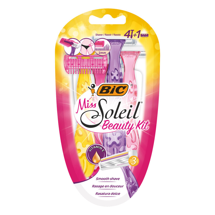 BIC Miss Soleil Beauty Kit, maquinilla de afeitar para mujer, tres hojas, 4 piezas + recortadora