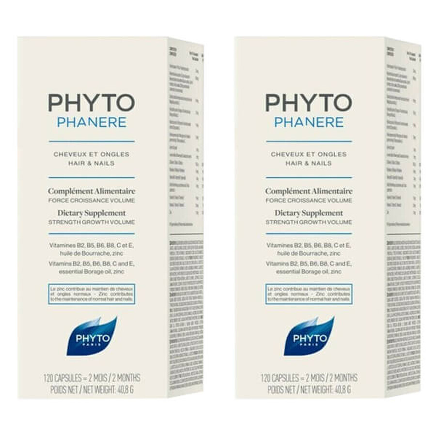 Set Phyto Phytophanere, cápsulas que fortalecen el cabello y las uñas, 2 x 120 cápsulas