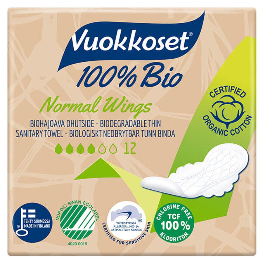 Vuokkoset, toallas sanitarias de algodón orgánico, 100% Bio, Alas Normales, 12 piezas