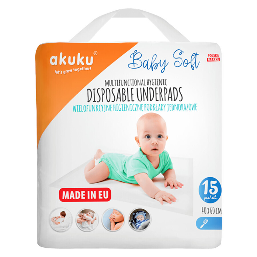 Akuku Baby Soft, compresas higiénicas desechables, 40 x 60 cm, A0500, 15 piezas