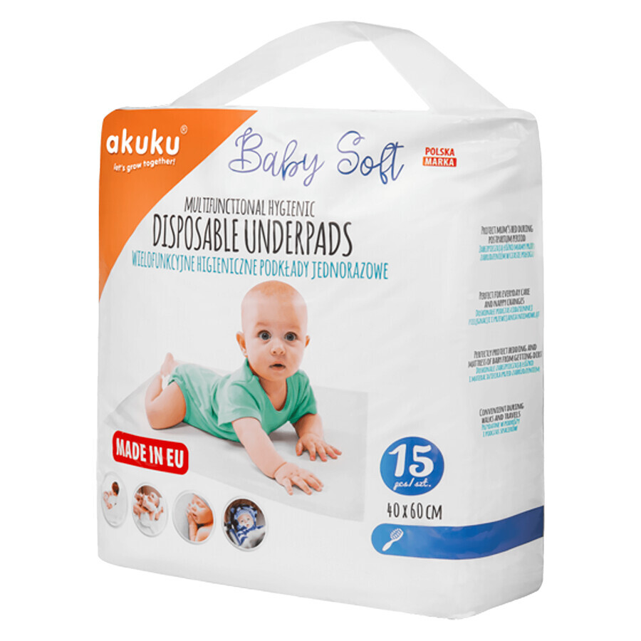 Akuku Baby Soft, compresas higiénicas desechables, 40 x 60 cm, A0500, 15 piezas