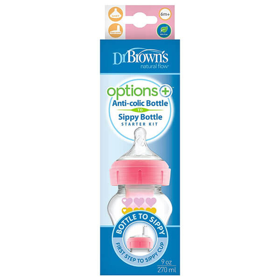 Dr Brown's Options+, Set de la biberon la ceașcă, biberon anti-colic, cu gât larg, 270 ml cu tetină, nivel 3 + gura fără picurare, roz