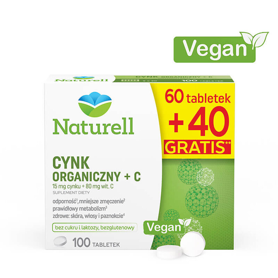 Naturell Organic Zinc + C, 60 comprimidos + 40 comprimidos gratis