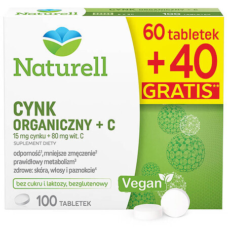 Naturell Organic Zinc + C, 60 comprimidos + 40 comprimidos gratis