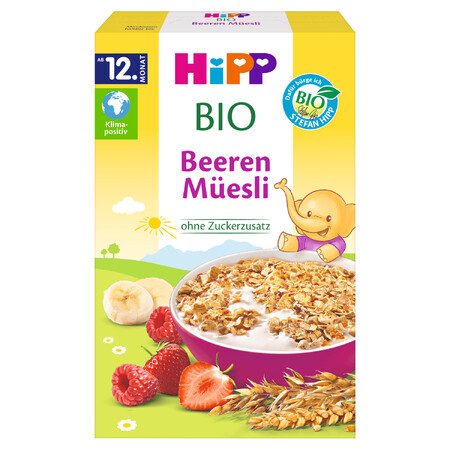 HIPP Muesli multicereal ecológico, fresas y frambuesas, sin azúcares añadidos, a partir de 12 meses, 200 g