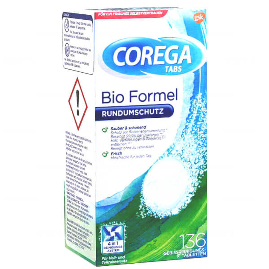 Corega Tabs Bio Formula, comprimidos para la limpieza de dentaduras postizas, 136 comprimidos