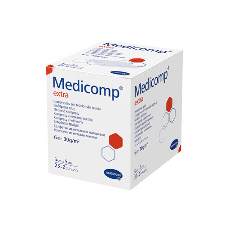 Medicomp Extra, compresas estériles de tejido no tejido, 6 capas, 30 g/m2, 5 cm x 5 cm, 50 unidades