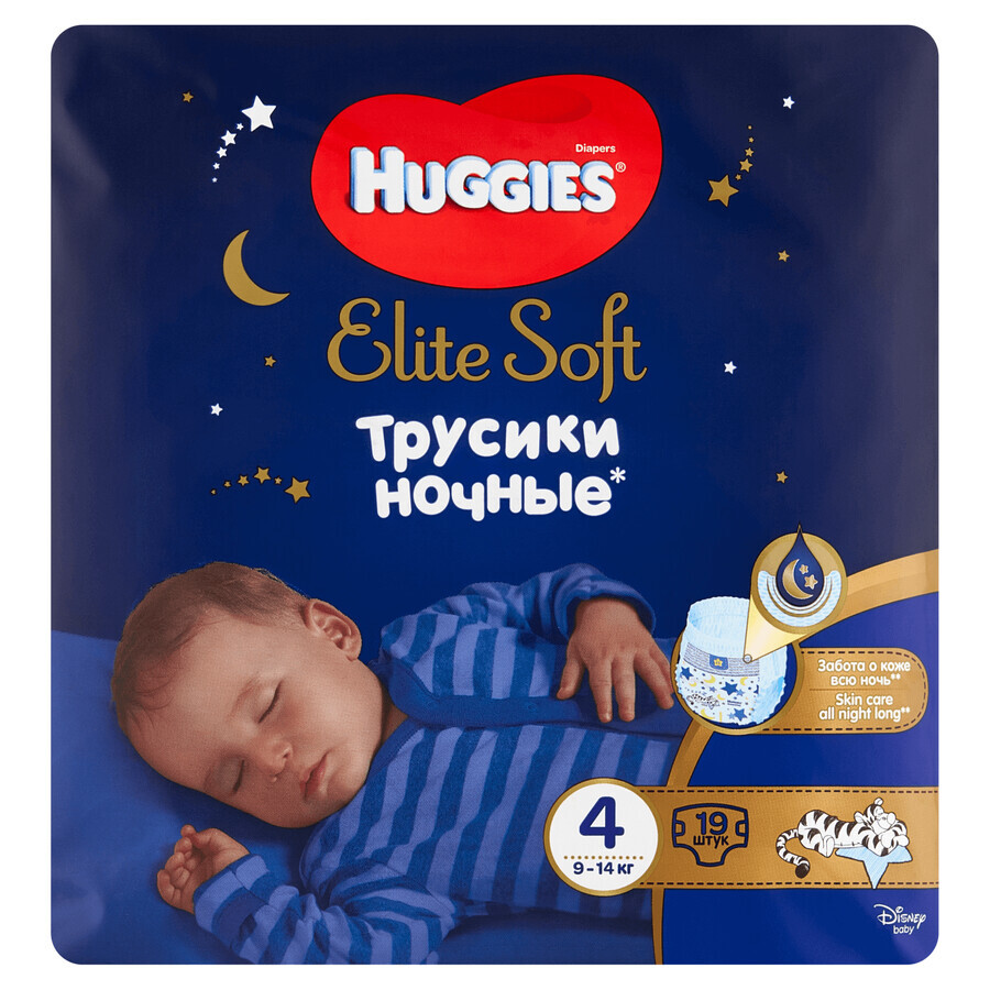 Huggies Elite Soft Night Pants, couches de nuit, Disney, taille 4, 9-14 kg, 19 pièces