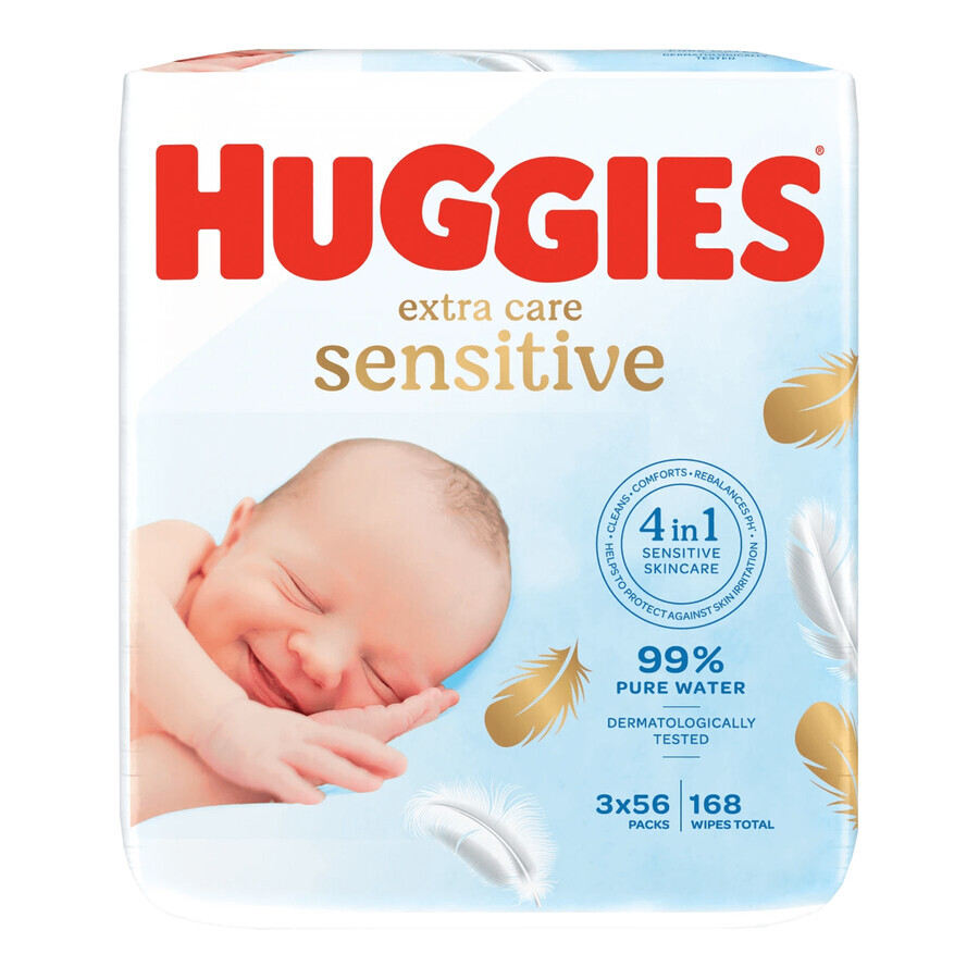 Huggies Extra Care Sensitive, toallitas húmedas, 3 x 56 uds.