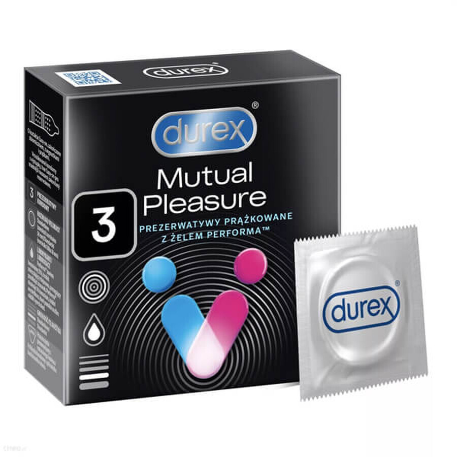 Durex Mutual Pleasure, condooms met geslachtsgemeenschap bevorderend glijmiddel, geribbeld met bies, 3 stuks