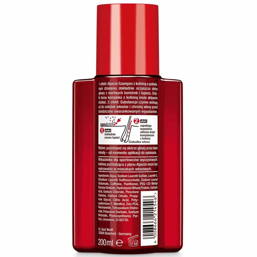 Alpecin Double Efect, shampoo con caffeina contro la caduta dei capelli e la forfora, 200 ml