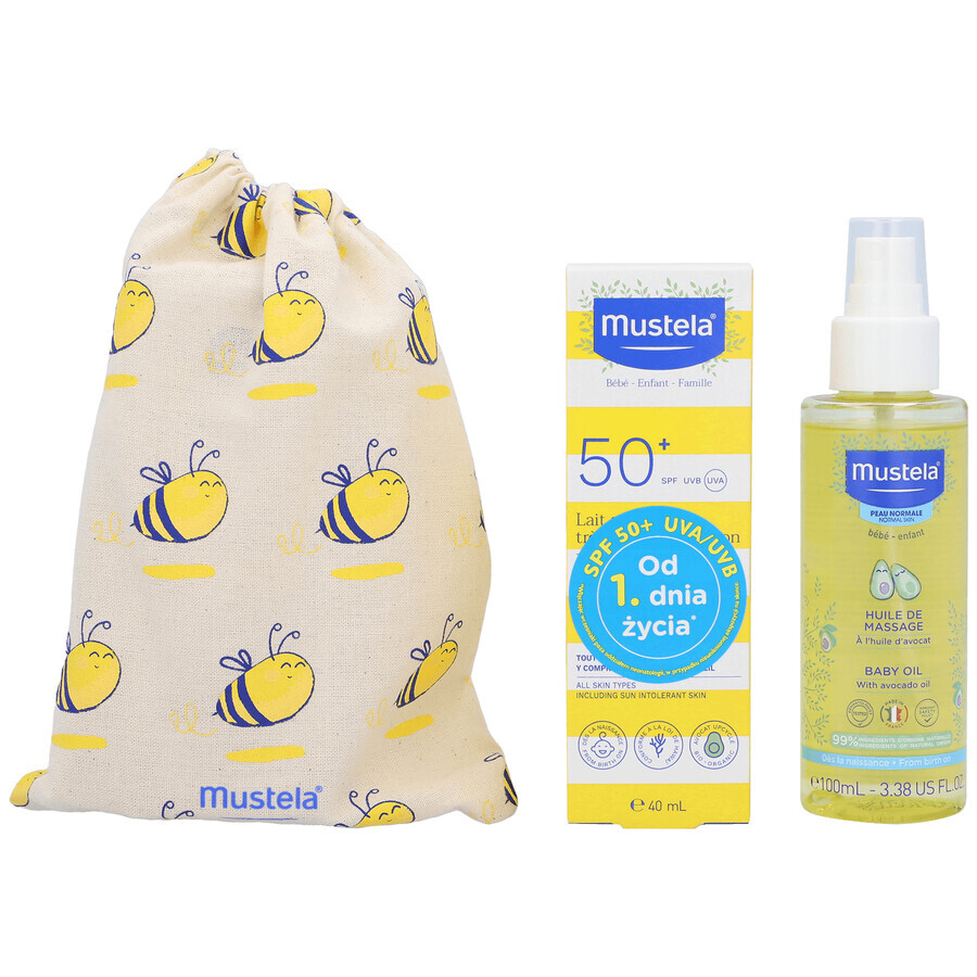 Mustela Set solar, Bebé en movimiento - piel seca, leche solar, FPS 50, 40 ml + aceite de masaje, 100 ml