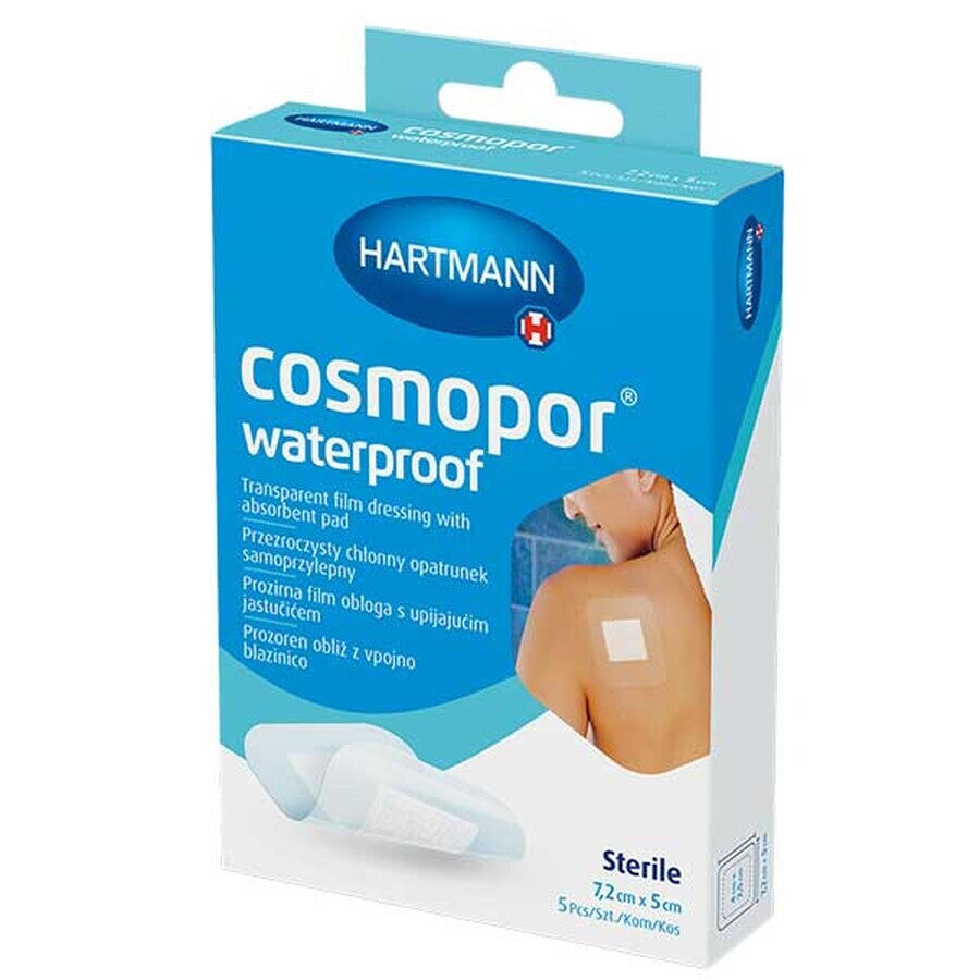 Cosmopor Waterproof, apósito absorbente, autoadhesivo, impermeable, estéril, transparente, 7,2 cm x 5 cm, 5 unidades