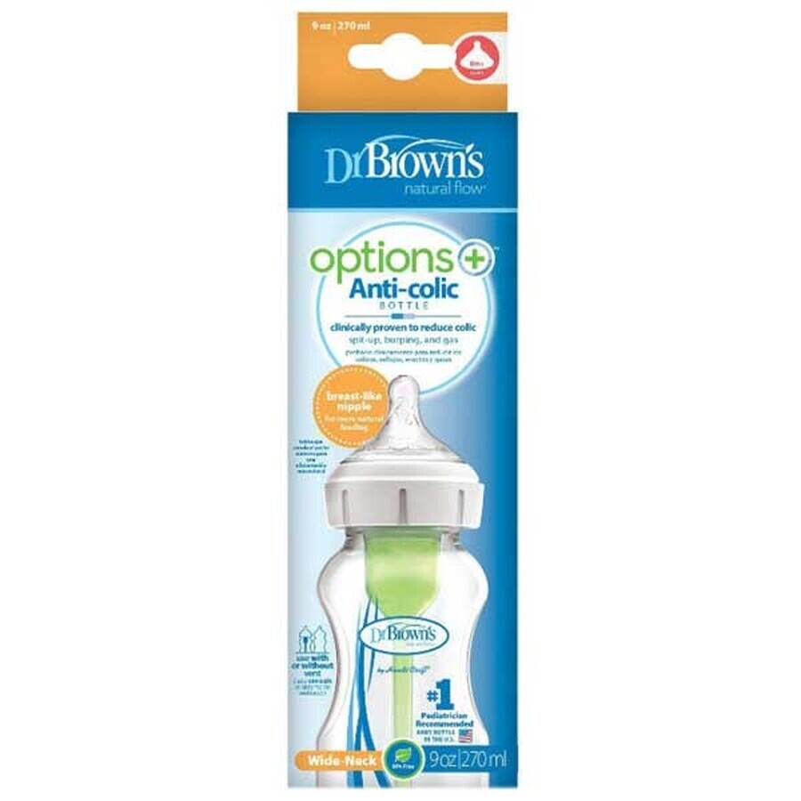 Dr Browns Options+, biberón anticólicos, cuello ancho, con tetina, 0-3 meses, 270 ml