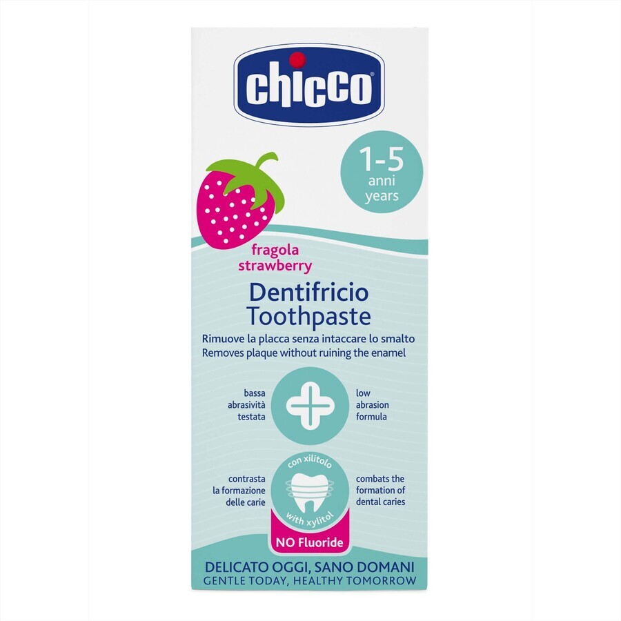 Chicco, pasta dentífrica infantil, a partir de 12 meses, sabor fresa, sin flúor, 50 ml ENVASE CONTAMINADO