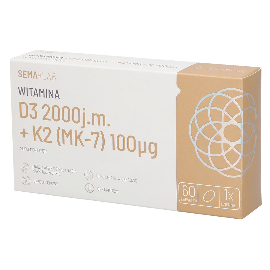 SEMA Lab Vitamina D3 2000 UI + K2 (MK-7) 100 µg, 60 cápsulas blandas