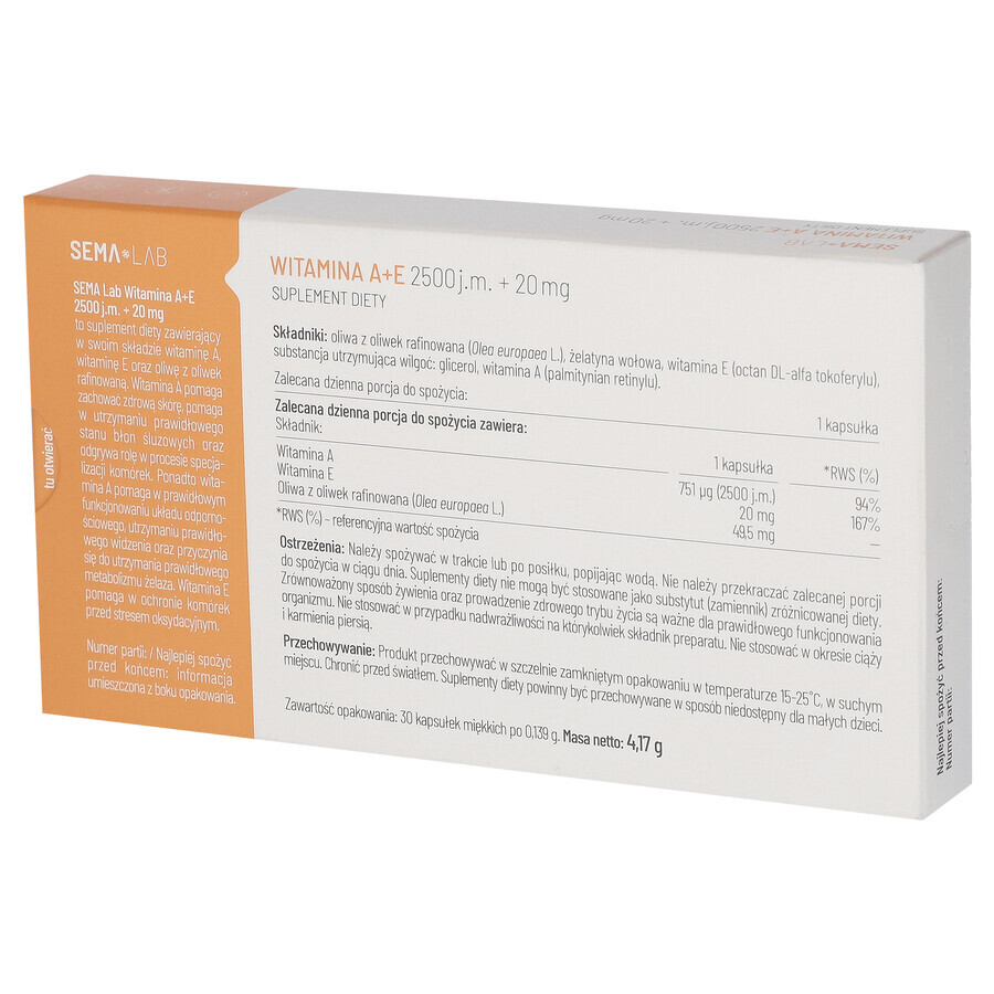 SEMA Lab Vitamina A+E 2500 UI + 20 mg, 30 cápsulas blandas