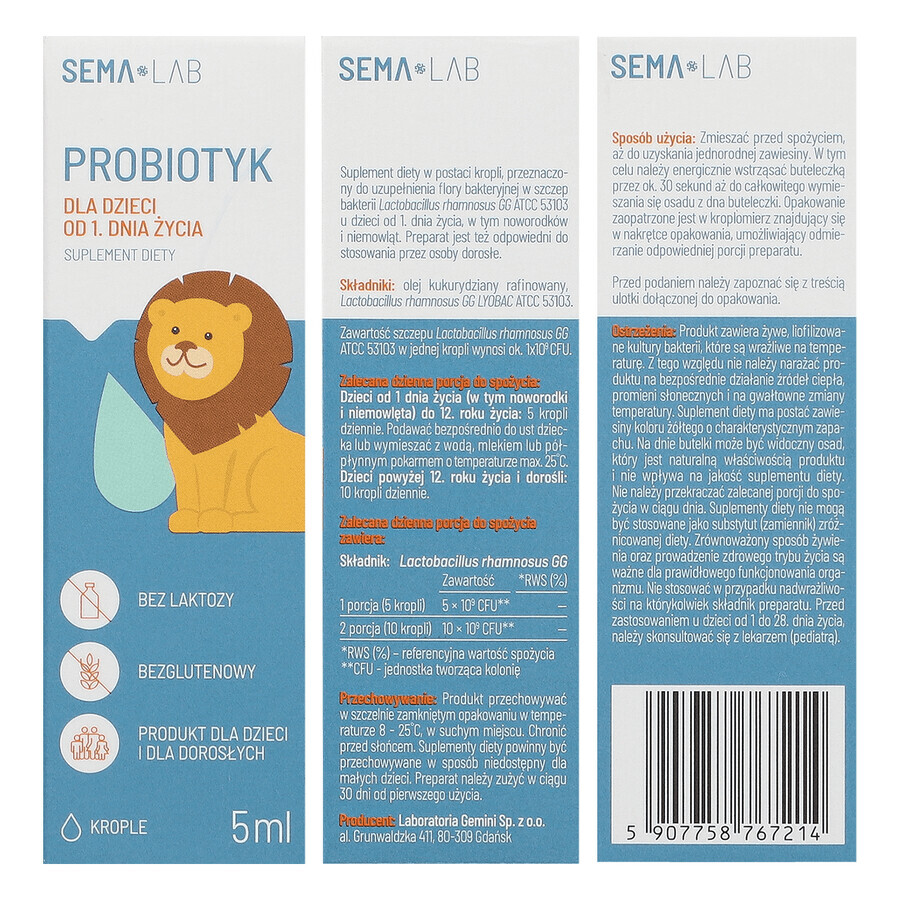 SEMA Lab Probiotic para niños desde el primer día, gotas, 5 ml