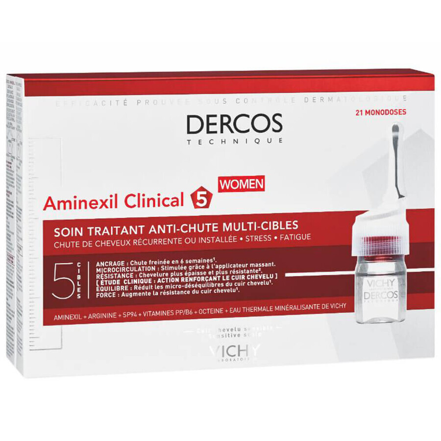 Vichy Dercos Aminexil Clinical 5, tratamiento anticaída para mujer, 6 ml x 21 ampollas