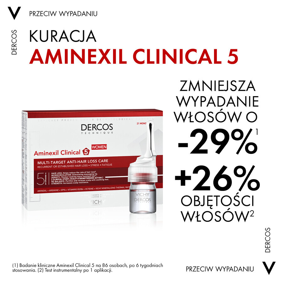 Vichy Dercos Aminexil Clinical 5, tratamiento anticaída para mujer, 6 ml x 21 ampollas