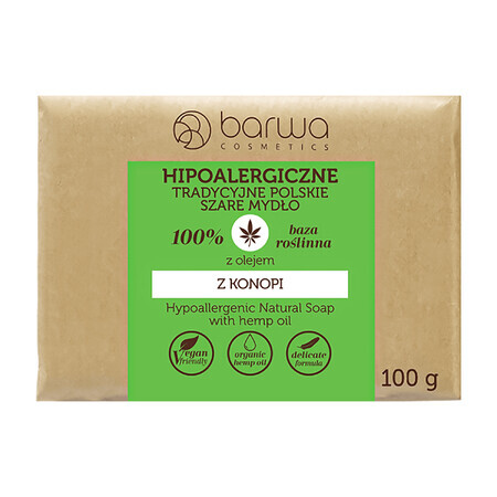 Jabón gris polaco tradicional hipoalergénico Barwa, aceite de cáñamo, 100 g