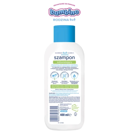 Bambino Family, champú refrescante para cabello normal y graso, hipersuave, a partir de 3 años, 400 ml