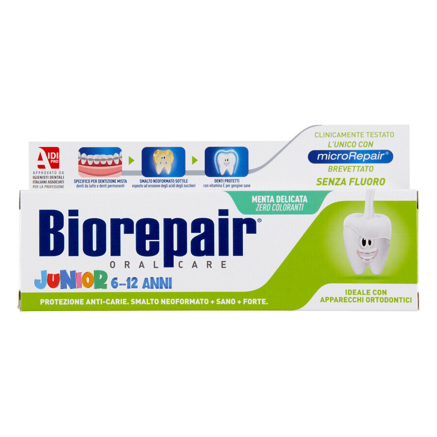 Biorepair Junior, pasta de dientes para niños, sin flúor, menta delicada, 6-12 años, 75 ml