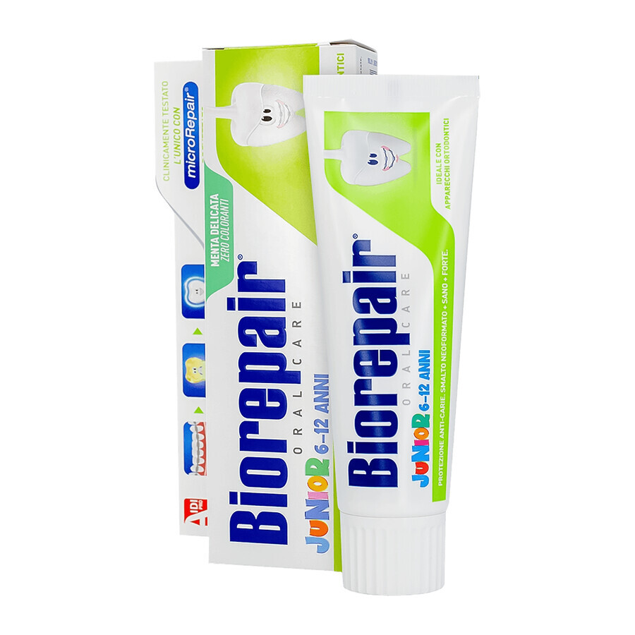 Biorepair Junior, pasta de dientes para niños, sin flúor, menta delicada, 6-12 años, 75 ml