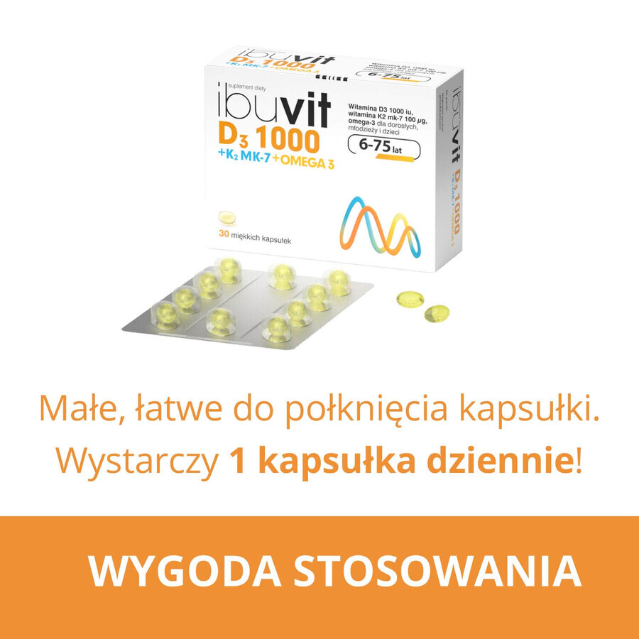 Ibuvit D3 1000 + K2 MK-7 Omega 3, voor kinderen vanaf 6 jaar, adolescenten en volwassenen, 30 capsules VERWIJDERDE VERPAKKING