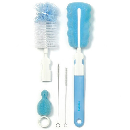 BabyOno, set de brosses pour biberons et tétines avec manche interchangeable et mini éponge, bleu, 1 set